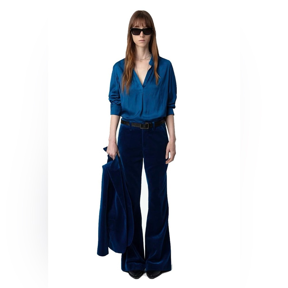 ZADIG & VOLTAIRE Defile Prevy Velvet Pants in Blue Flared Bottoms Size 34 FR NWT